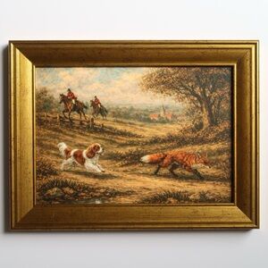 Vintage inspired Hunting Scene Framed Art print Gold Frame 5x7 cavalier spaniel